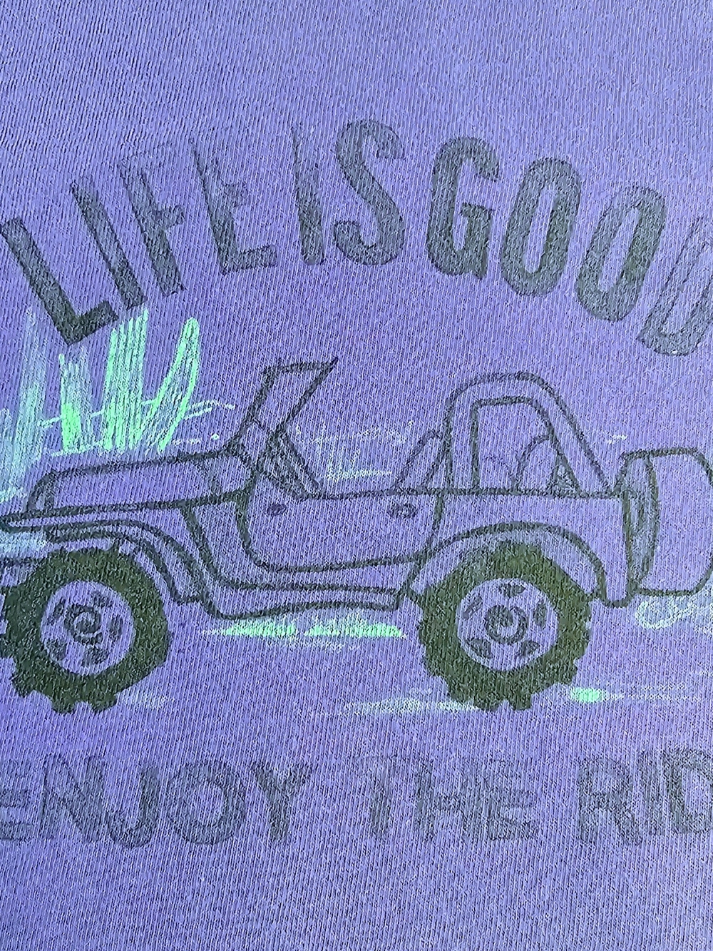 Life Is Good Purple Short Sleeve Tee with Jeep Graphic and Mint Accents